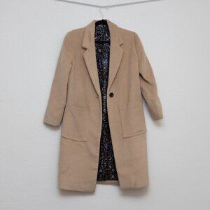 Wool Coat with Decorative Flower Print Lining Light Brown Size S/M